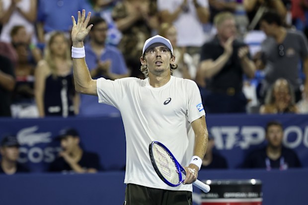Alex De Minaur of Australia celebrates winning the Washington Open.