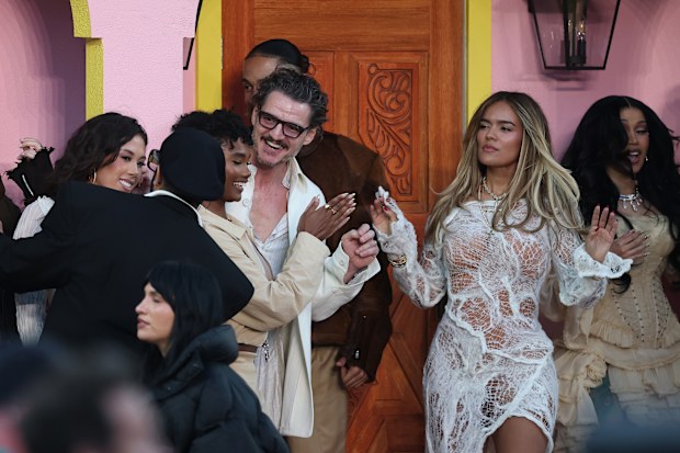 Pedro Pascal, Karol G and Cardi B perform onstage during Bad Bunny's Super Bowl LX Halftime Show at Levi's Stadium on February 08, 2026 in Santa Clara, California. 