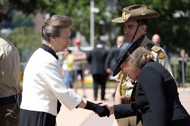 Princess Anne is greeted at the Anzac Memorial in Hyde Park by the Chief of Army Lieutenant General Simon Stuart and his wife Katy Stuart. The Princess Royal is in Sydney to mark Remembrance. Sunday 9th November 2025. Photo: Sitthixay Ditthavong
