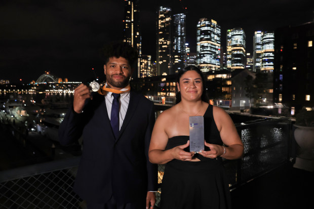 Rob Valetini, John Eales Medalist winner and Eva Karpani, Buildcorp Wallaroos Player of the Year winner pose and  for a photo during the 2023 Rugby Australia Awards at Doltone House on February 07, 2024 in Sydney, Australia. (Photo by Mark Evans/Getty Images for Getty Images)