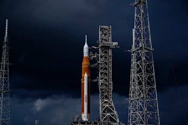 The NASA moon rocket stands on Pad 39B before the Artemis 1 mission to orbit the moon at the Kennedy Space Center, Friday, Sept. 2, 2022, in Cape Canaveral, Fla. (AP Photo/Brynn Anderson)