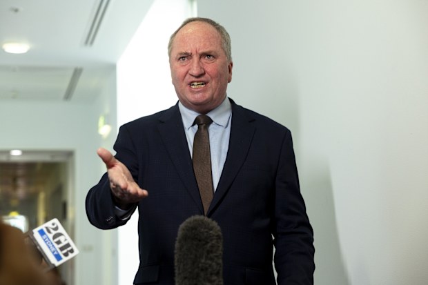 Member for New England Barnaby Joyce speaks to the media about Net Zero at Parliament House in Canberra on July 23, 2025. fedpol Photo: Dominic Lorrimer