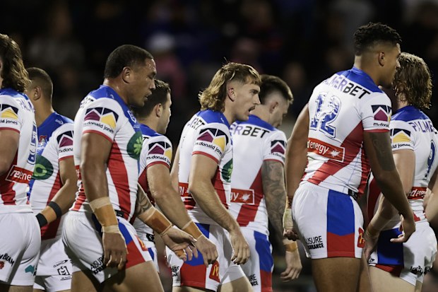 BATHURST, AUSTRALIA - MAY 24: Fletcher Sharpe of the Knights (C) looks on after scoring a try during the round 12 NRL match between Penrith Panthers and Newcastle Knights at Carrington Park, on May 24, 2025, in Bathurst, Australia. (Photo by Mark Evans/Getty Images)