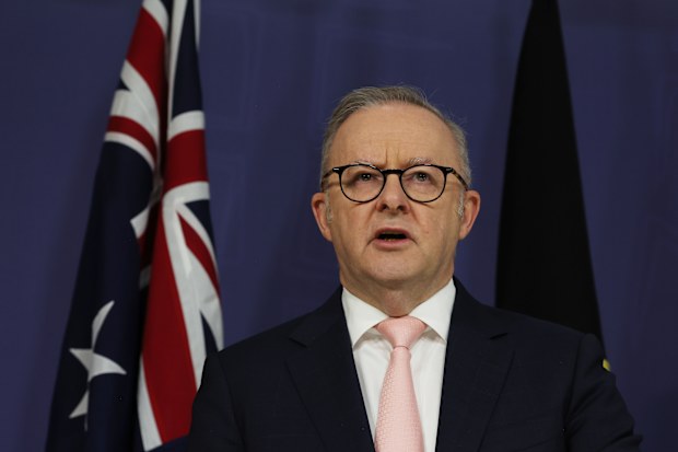 Prime Minister, Anthony Albanese with the Minister for Home Affairs, Tony Burke, and the Attorney-General, Michelle Rowland speak to the media.. Sydney. Wednesday 30th April 2026. Photo: Louise Kennerley