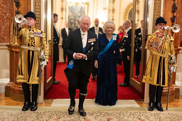 LONDON, ENGLAND - NOVEMBER 13: King Charles III and Queen Camilla arrive to the Diplomatic Corps reception at Buckingham Palace on November 19, 2024 in London, England. (Photo by Aaron Chown - WPA Pool/Getty Images)