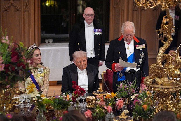 WINDSOR, ENGLAND - SEPTEMBER 17: King Charles III delivers his speech as US President Donald Trump and Catherine, Princess of Wales listen during a State Banquet at Windsor Castle for the State visit by the President of the United States of America on September 17, 2025 in Windsor, England. President Trump is in England from Sept. 16-18 on his second UK state visit, with the previous one taking place in 2019 during his first presidential term. (Photo by Yui Mok - WPA Pool/Getty Images)