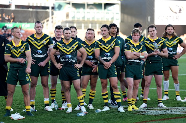The Australian Kangaroos look dejected following the Pacific Championships final between the Kangaroos and Kiwis at Waikato Stadium on November 4, 2023 in Hamilton, New Zealand. (Photo by Phil Walter/Getty Images)