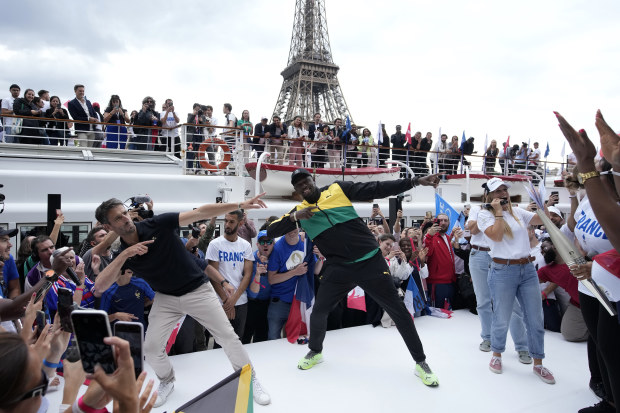 Paris 2024 Olympics Organising Committee president Tony Estanguet, left, and former Jamaican athlete Usain Bolt in Paris.