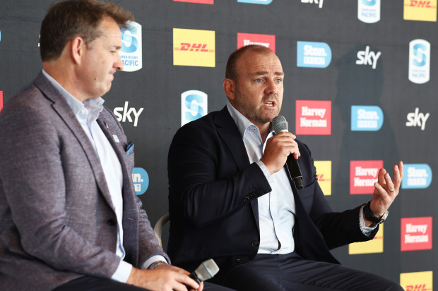 New Zealand Rugby CEO Mark Robinson (left) and Rugby Australia CEO Andy Marinos speak during the Super Rugby Pacific announcement in Sydney.