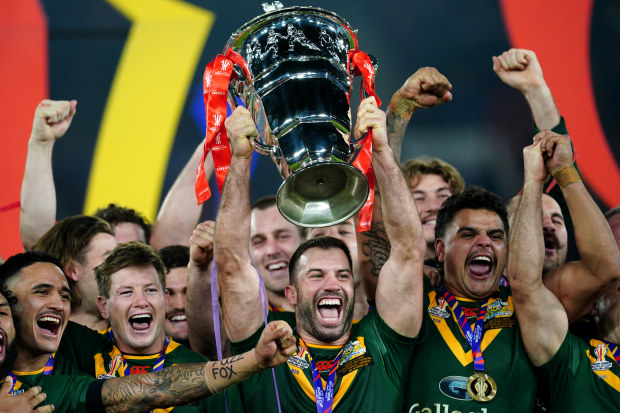 Australia's James Tedesco (centre) lifts the trophy following the Rugby League World Cup final at Old Trafford, Manchester. Picture date: Saturday November 19, 2022. (Photo by David Davies/PA Images via Getty Images)
