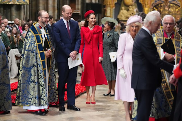 LONDON, ENGLAND - MARCH 10: Prince William, Prince of Wales and Catherine, Princess of Wales depart after attending the Commonwealth Day Service of Celebration at Westminster Abbey on March 10, 2025 in London, England. Also pictured is King Charles, Queen Camilla, Princess Anne (Photo by Aaron Chown - WPA Pool/Getty Images)