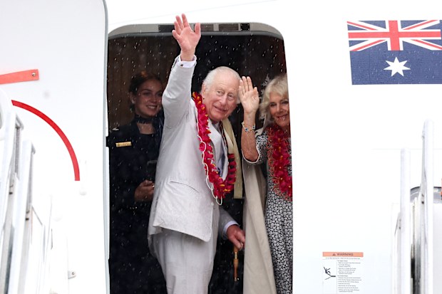 APIA, SAMOA - OCTOBER 26: King Charles III and Queen Camilla wave as they board The Royal Australian Air Force jet via Faleolo International Airport following their visit to a Farewell Ceremony at Siumu Village on October 26, 2024 in Apia, Samoa. This will mark the official end of Their Majesties State Visit to Samoa. The King's visit to Australia is his first as monarch, and the Commonwealth Heads of Government Meeting (CHOGM) in Samoa will be his first as head of the Commonwealth. (Photo by Ch
