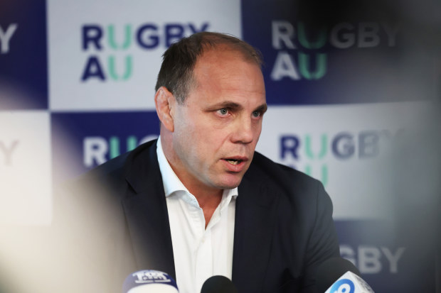 Rugby Australia CEO Phil Waugh speaks to the media during a press conference at Rugby Australia HQ in Sydney.