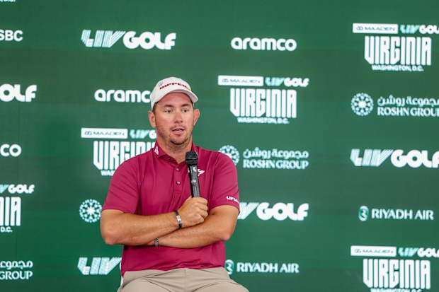 Lucas Herbert of Ripper GC speaks to the media after day two of LIV Golf Virginia at Trump National Golf Club on May 08, 2026 in Sterling, Virginia. (Photo by Tasos Katopodis/Getty Images)