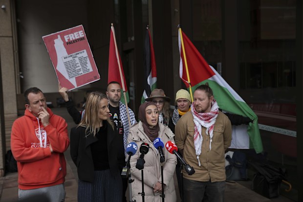 Amal Naser speaks to reporters outside the supreme court after winning the right to march across Sydney Harbour Bridge in support of Palestine tomorrow. 