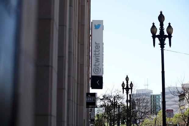 A sign outside the Twitter headquarters in San Francisco, Monday, April 25, 2022. Elon Musk reached an agreement to buy Twitter for roughly $44 billion on Monday, promising a more lenient touch to policing content on the platform where he promotes his interests, attacks critics and opines on social and economic issues to more than 83 million followers.(AP Photo/Jed Jacobsohn)