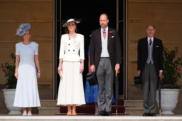 LONDON, ENGLAND - MAY 8: (Left to right) Sophie, Duchess of Edinburgh, Catherine, Princess of Wales, Prince William, Prince of Wales and Prince Edward, Duke of Edinburgh, during a Royal Garden Party at Buckingham Palace on May 8, 2026 in London, England. (Photo by Aaron Chown - WPA Pool/Getty Images)