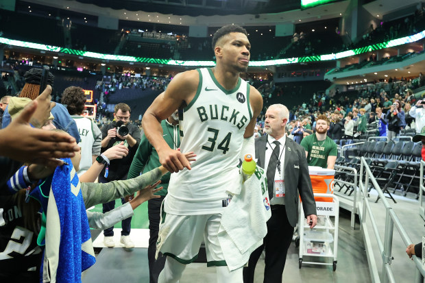 Giannis Antetokounmpo #34 of the Milwaukee Bucks leaves the court following a game against the Indiana Pacers.