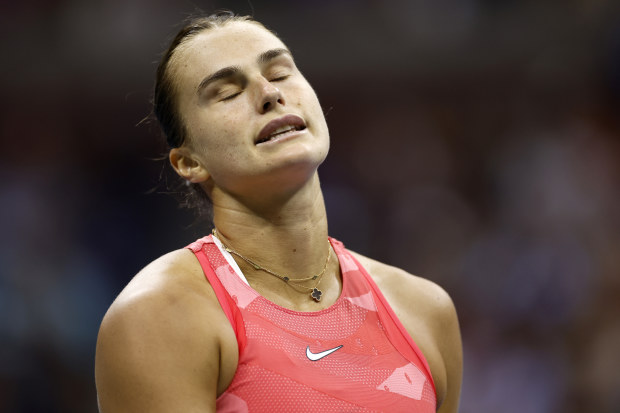 Aryna Sabalenka of Belarus reacts after a point against Coco Gauff of the United States during their Women's Singles Final match on Day Thirteen of the 2023 US Open at the USTA Billie Jean King National Tennis Center on September 09, 2023 in the Flushing neighborhood of the Queens borough of New York City. (Photo by Sarah Stier/Getty Images)