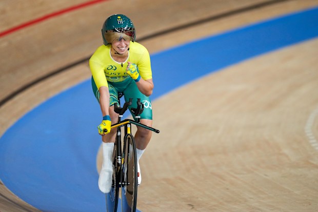 Paige Greco of Australia celebrates after the Women's C1-3 3000m Individual Pursuit final of cycling track at the Tokyo 2020 Paralympic Games in Izu, Japan, Aug. 25, 2021. (Photo by Zhang Cheng/Xinhua via Getty Images)