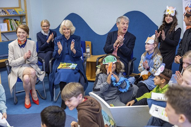 Camilla Queen Consort the wife of King Charles III visits the Rudolf Ross Primary School in Hamburg, Germany, together with children's book illustrator Axel Scheffler, illustrator of "Der Grueffelo," Elke Buedenbender (l), wife of German President Steinmeier, and Eva-Maria Tschentscher (2nd from left), wife of Hamburg's mayor, on Friday, March 31, 2023. 