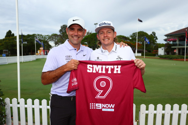 Former NRL star Cameron Smith presents golfer Cameron Smith with a State of Origin jersey during the 2022 Australian PGA Championship at the Royal Queensland Golf Club. (Photo by Chris Hyde/Getty Images)