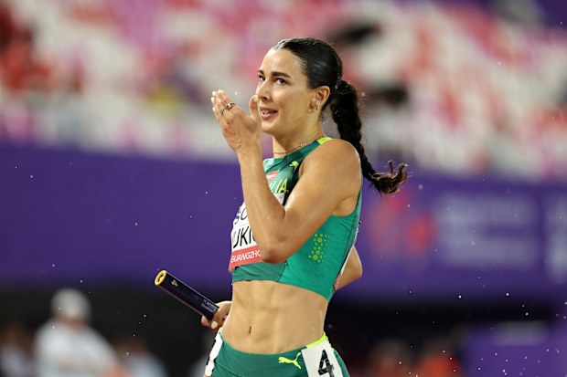 Alanah Yukich in action at the 2025 world athletics relays in China.