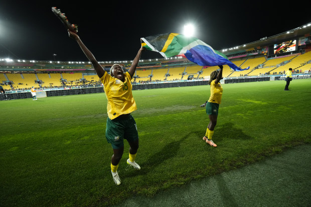 South Africa players celebrate victory after the FIFA Women's World Cup Australia & New Zealand 2023 Group G match between South Africa and Italy at Wellington Regional Stadium on August 2, 2023 in Wellington, New Zealand. (Photo by Jose Breton/Pics Action/NurPhoto via Getty Images)