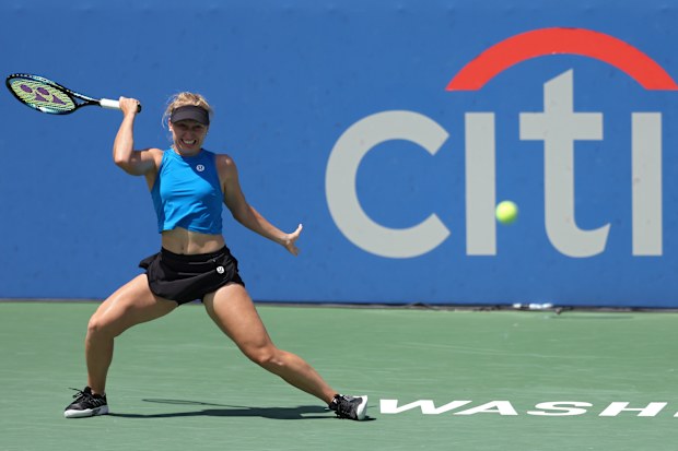 Daria Saville of Australia returns a shot to Kaia Kanepi of Estonia returns in the Women's Semifinal during Day 8 of the Citi Open at Rock Creek Tennis Center on August 6, 2022 in Washington, DC. (Photo by Patrick Smith/Getty Images)