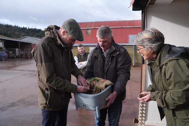 HEREFORD, ENGLAND - JANUARY 28: Prince William, Prince of Wales being shown worm composting during a visit to Lower Blakemere Farm, a Duchy Focus Farm in Hereford, to learn more about how the multigenerational farm has refined regenerative farming practices and farm diversification as part of its journey to net zero on January 28, 2025 in Hereford, England.  Lower Blakemere Farm is one of the Duchy of Cornwall's seven Focus Farms, an initiative designed to share knowledge and experiences of the 