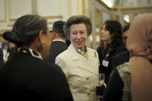 Britains Princess Anne attends a reception celebrating exceptional individuals and organisations contributing towards humanitarian efforts across the globe at Buckingham Palace, London, England, Thursday, Feb. 20, 2025. (Yui Mok/PA via AP, Pool)