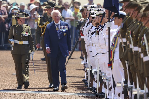 King Charles III inspects members of the Australian Defence Force during a welcome ceremony at Parliament House on October 21, 2024 in Canberra, Australia. The King's visit to Australia is his first as monarch, and the Commonwealth Heads of Government Meeting (CHOGM) in Samoa will be his first as head of the Commonwealth. 