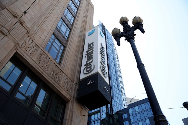 A sign is pictured outside the Twitter headquarters in San Francisco, Monday, April 25, 2022.  