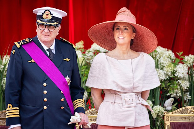 Prince Laurent of Belgium and Princess Claire of Belgium attend the te military parade at the palace square  on July 21, 2023 in Brussels, Belgium. 
