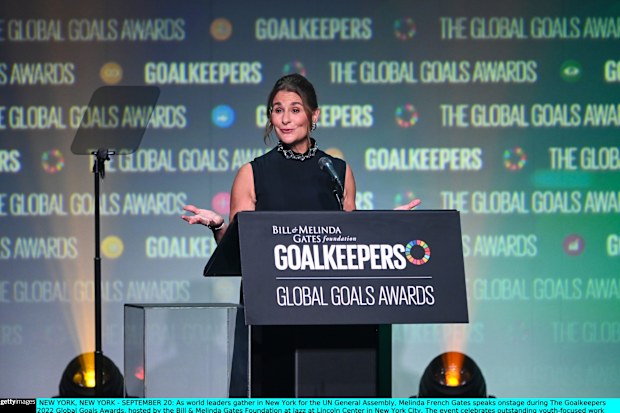 NEW YORK, NEW YORK - SEPTEMBER 20: As world leaders gather in New York for the UN General Assembly, Melinda French Gates speaks onstage during The Goalkeepers 2022 Global Goals Awards, hosted by the Bill & Melinda Gates Foundation at Jazz at Lincoln Center in New York City. The event celebrates outstanding youth-focused work around the world that is directly linked to the UNs 17  Sustainable Goals. (Photo by Mike Lawrence/Getty Images for Gates Archive)