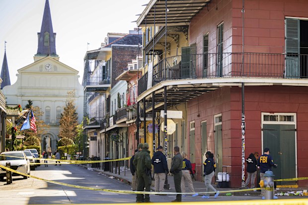 The FBI investigates the area on Orleans St and Bourbon Street by St. Louis Cathedral in the French Quarter