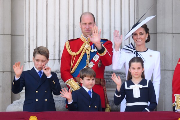 : Prince George of Wales, Prince William, Prince of Wales, Prince Louis of Wales, Princess Charlotte of Wales and Catherine, Princess of Wales on the balcony of Buckingham Palace during Trooping the Colour on June 15, 2024 in London, England. 