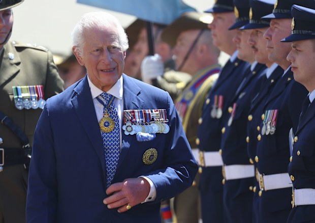King Charles III inspects members of the Australian Defence Force during a welcome ceremony at Parliament House on October 21, 2024 in Canberra, Australia. The King's visit to Australia is his first as monarch, and the Commonwealth Heads of Government Meeting (CHOGM) in Samoa will be his first as head of the Commonwealth. 