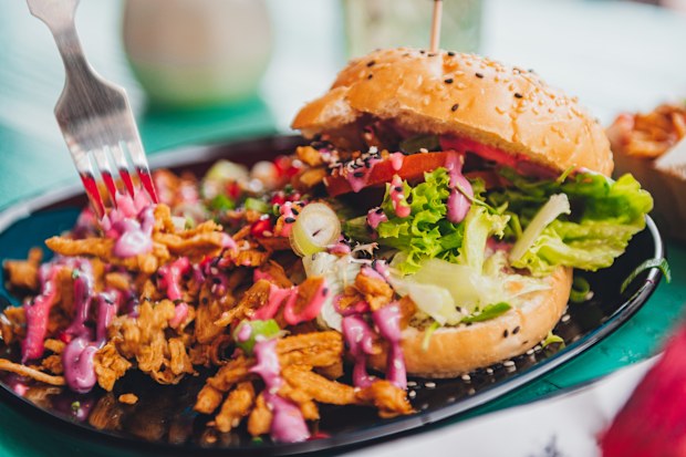 Vegan Veggie Burger Feast with Pulled Jackfruit and Jalapeños.