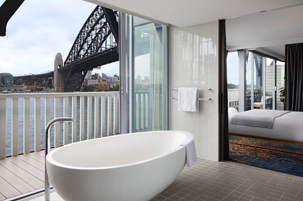 The large egg shaped bath boats enviable views of the Sydney Harbour bridge.