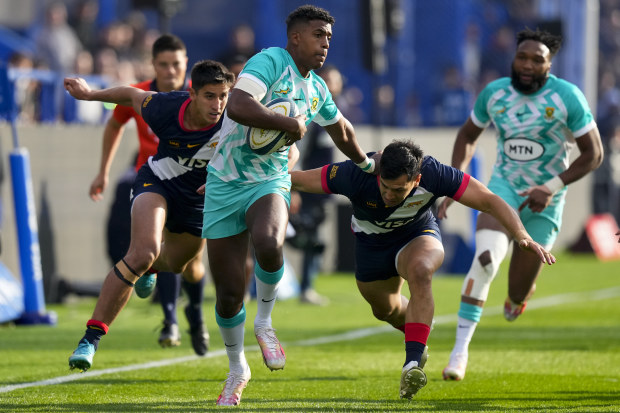 South Africa's Canan Moodie (left) is tackled by Argentina's Juan Martin Gonzalez.