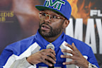 Floyd Mayweather Jr. speaks during a news conference to announce an upcoming full-contact exhibition match against kickboxer Mike Zambidis at the Mayweather Boxing Club on May 07, 2026 in Las Vegas, Nevada. The match between Mayweather Jr. and Zambidis will take place on June 27, 2026 in Athens, Greece. (Photo by Candice Ward/Getty Images)