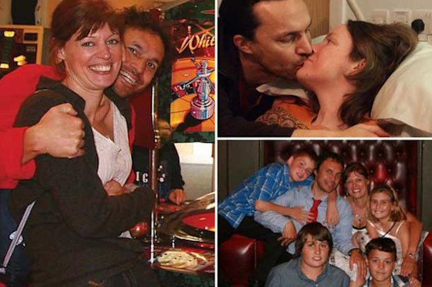 Clare Mauremootoo, top right, wanted to find a new wife for her husband John before she died. He found love again with Julie, pictured left and bottom with their family. (Supplied)