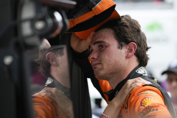 McLaren's Pato O'Ward of Mexico reacts after finishing second in the 108th Indianapolis 500.