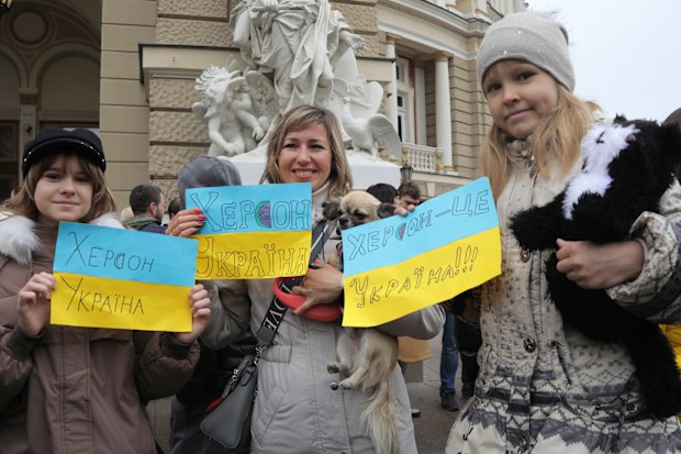 Ukrainians gather in downtown to celebrate the recapturing of Kherson city, Ukraine, Odesa, Saturday, Nov. 12, 2022. 