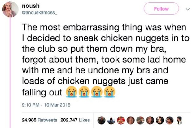 Woman stashes chicken nuggets in bra then forgets them