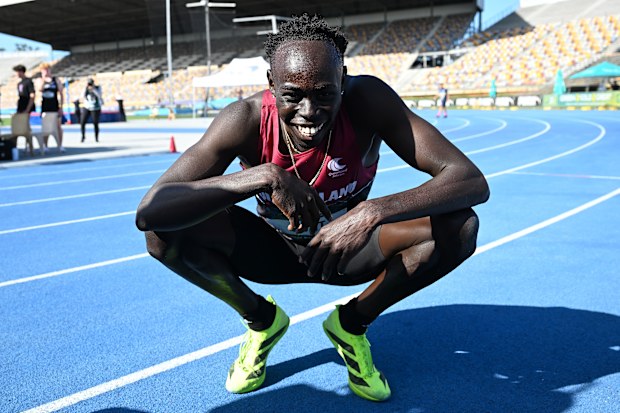 BRISBANE, AUSTRALIA - APRIL 18: Gout Gout celebrates victory after competing in the final of the Men's U20's 100m event during the 2026 Australian Athletics Junior Championships at Queensland Sport and Athletics Centre on April 18, 2026 in Brisbane, Australia. (Photo by Bradley Kanaris/Getty Images)