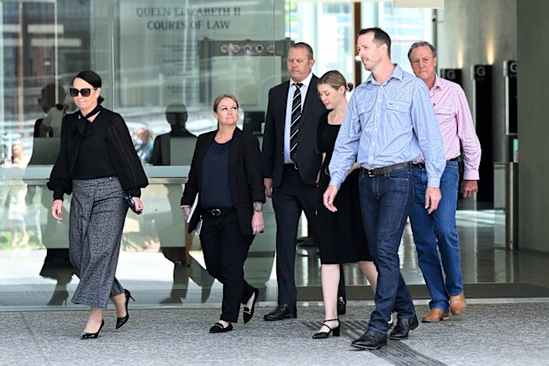 The family and friends of victim Rex Kable Keen leave the Brisbane Supreme Court after the sentencing of Benjamin Jansen.