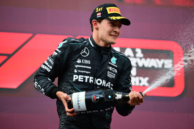 George Russell of Mercedes-AMG Petronas is celebrating during the race of the Austrian GP, the 11th round of the Formula 1 World Championship 2024, in Red Bull Ring, Spielberg Bei Knittenfeld, Styria, Austria, on June 30, 2024. (Photo by Andrea Diodato/NurPhoto via Getty Images)