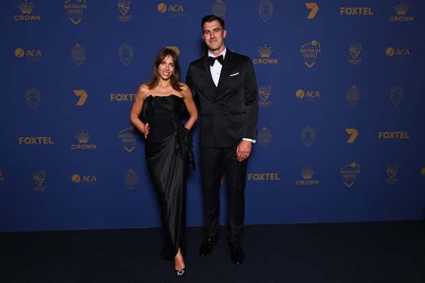 MELBOURNE, AUSTRALIA - JANUARY 31: Pat Cummins and Becky Cummins arrive ahead of the 2024 Cricket Australia Awards at Crown Palladium on January 31, 2024 in Melbourne, Australia. (Photo by Morgan Hancock/Getty Images for Cricket Australia)